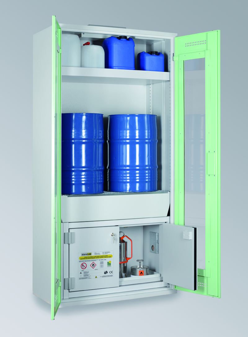 Chemikalienschrank (Plexiglastüren) für zwei 60 l Fässer mit Sicherheitsbox 30 M